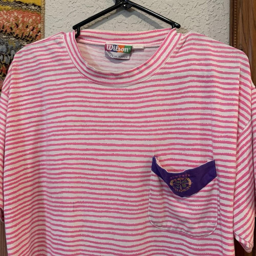 Vintage 80s Wilson Sports Striped Pink And White Surfing‎ Shirt Size Large - Picture 3 of 5